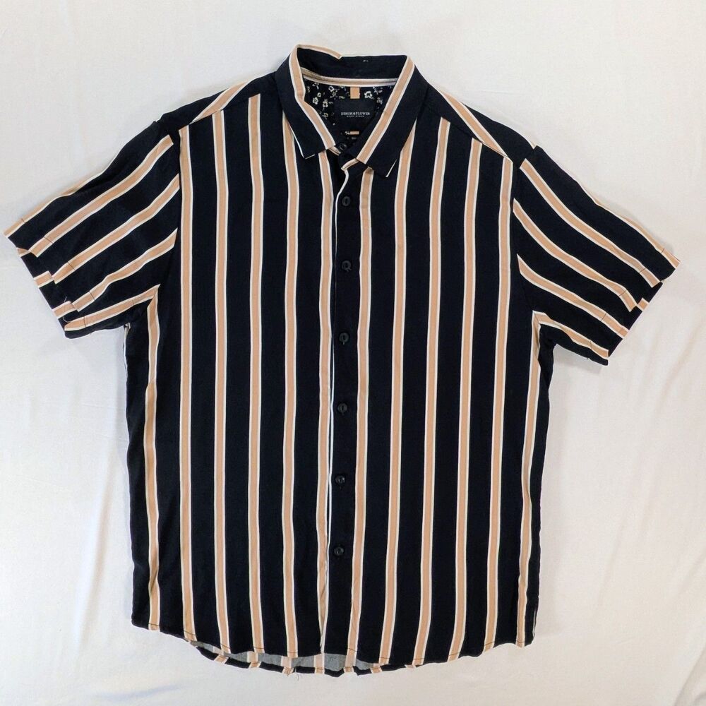 Denim & Flower Men’s Black/Beige Striped Woven Short Sleeve Button-Down Shirt S